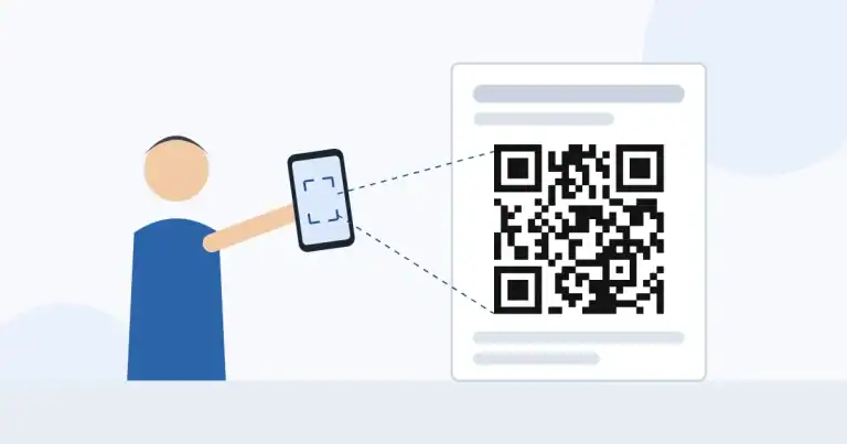 Person scannt mit dem Smartphone einen QR-Code auf einem Plakat